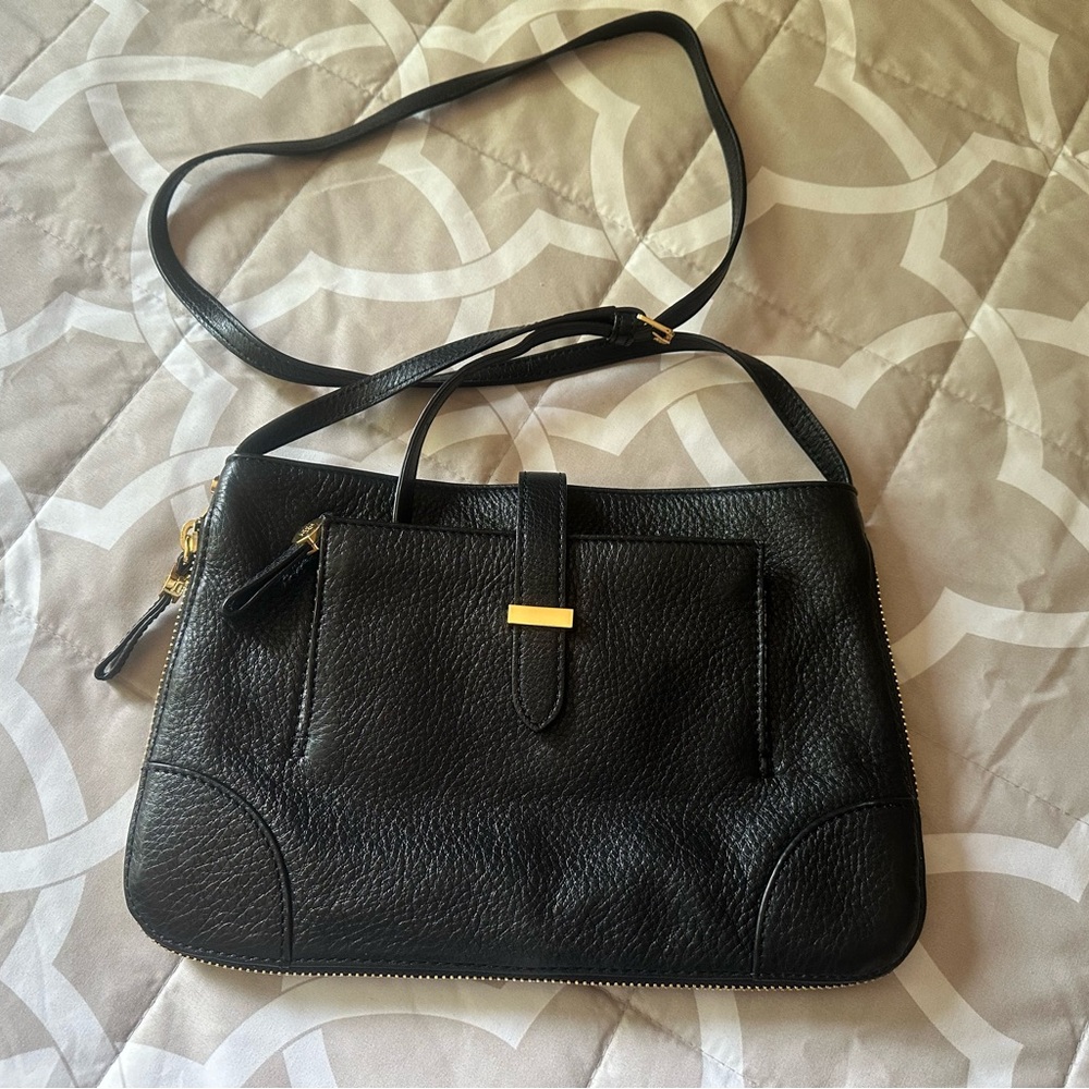 Tory Burch Black Pebbled Leather Shoulder Bag with Gold Accent
